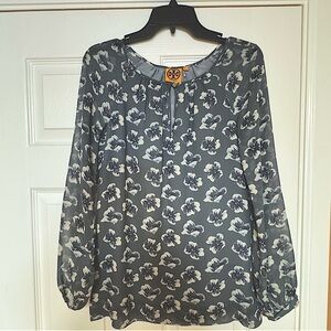 Tory Burch Silk Gray Floral Blouse size 2